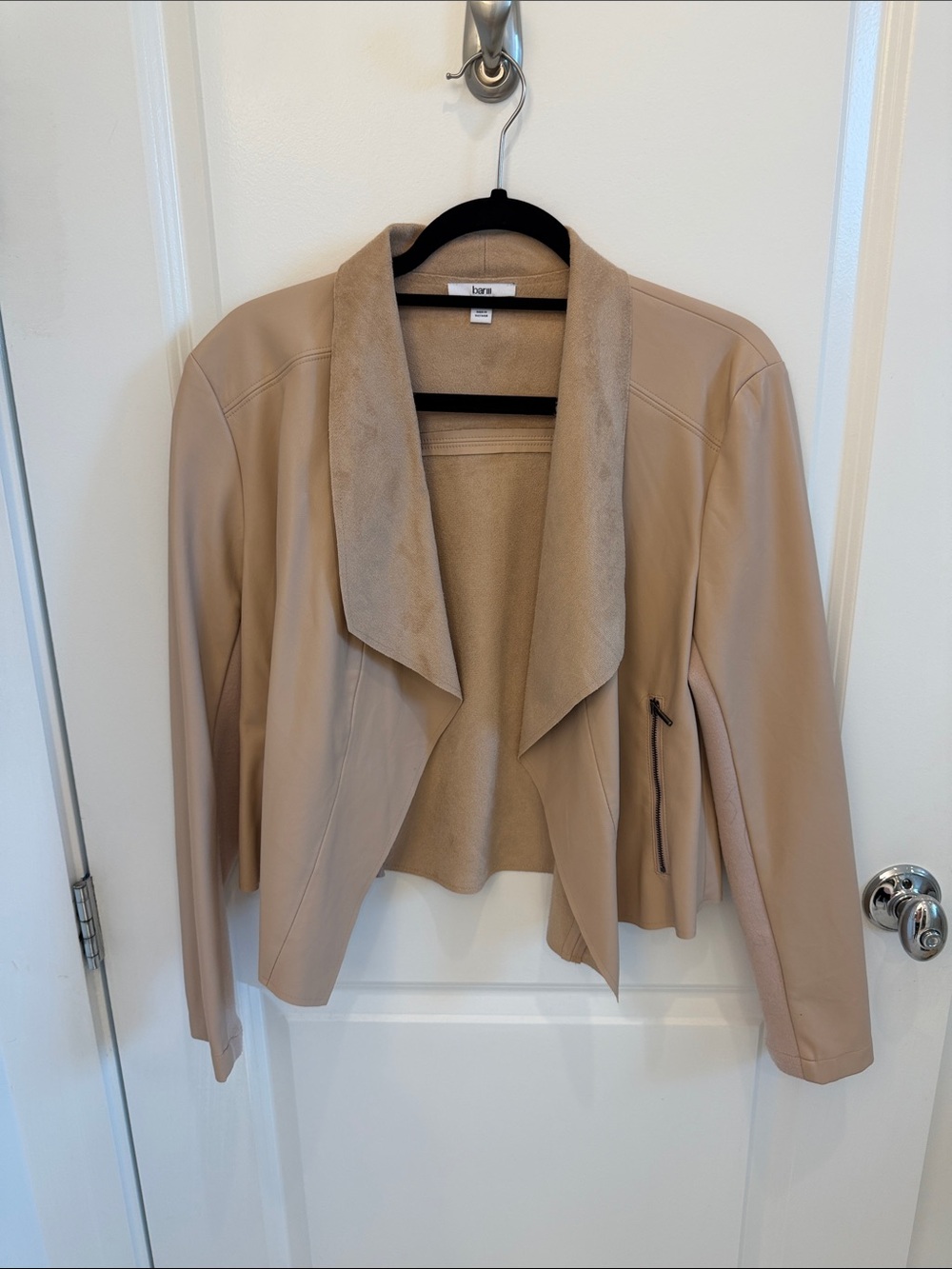 Beige Open-Front Draped Faux Leather Jacket